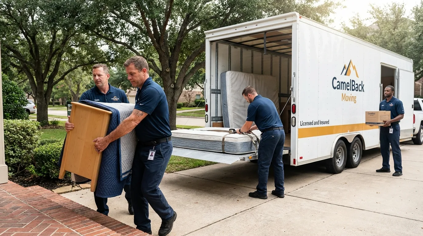 Crew loading residential truck for cross-state move from Kalona, IA