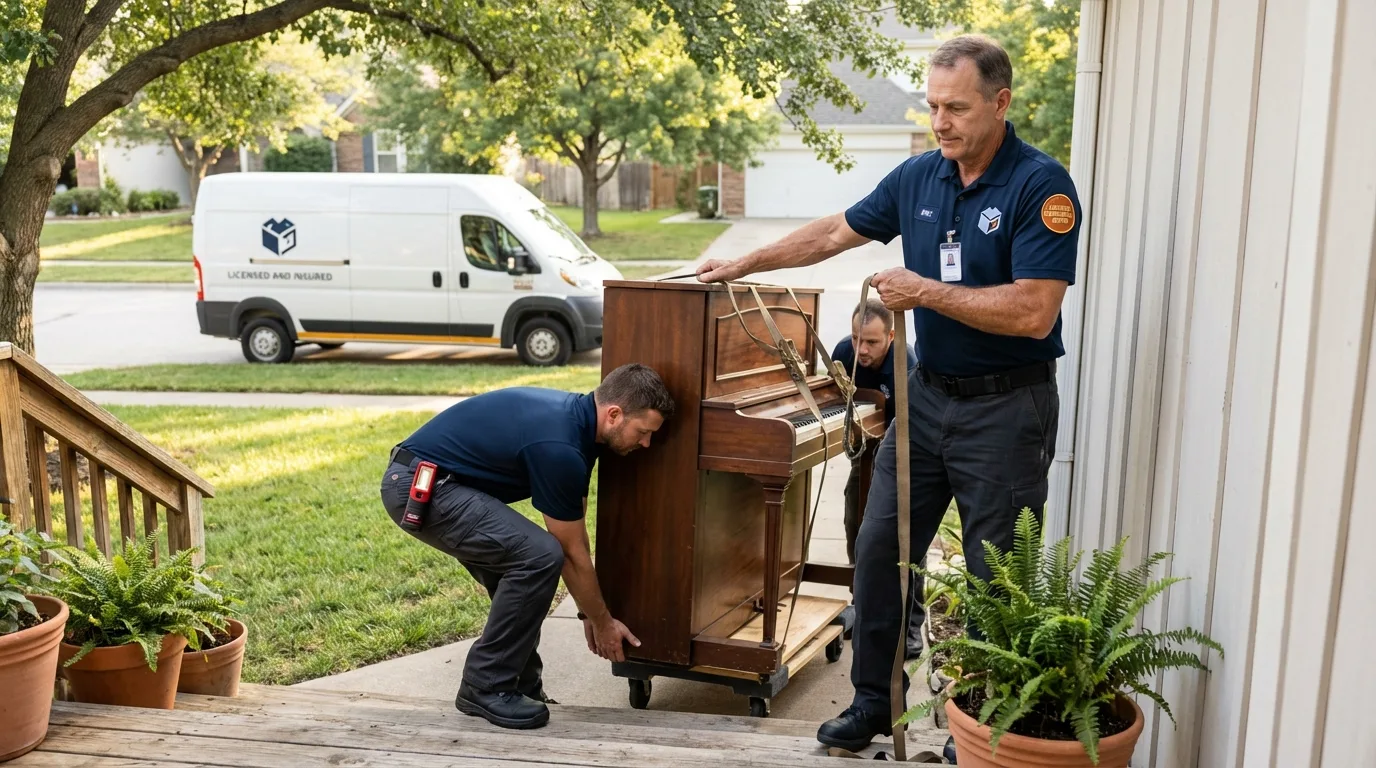 Licensed piano movers securing grand piano in Kalona, IA