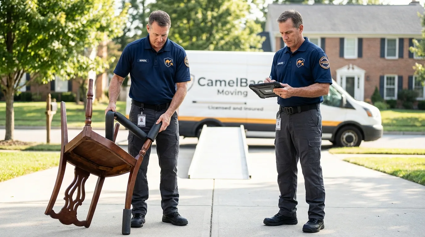 Movers inspecting furniture for damage prevention before loading in Kalona, IA