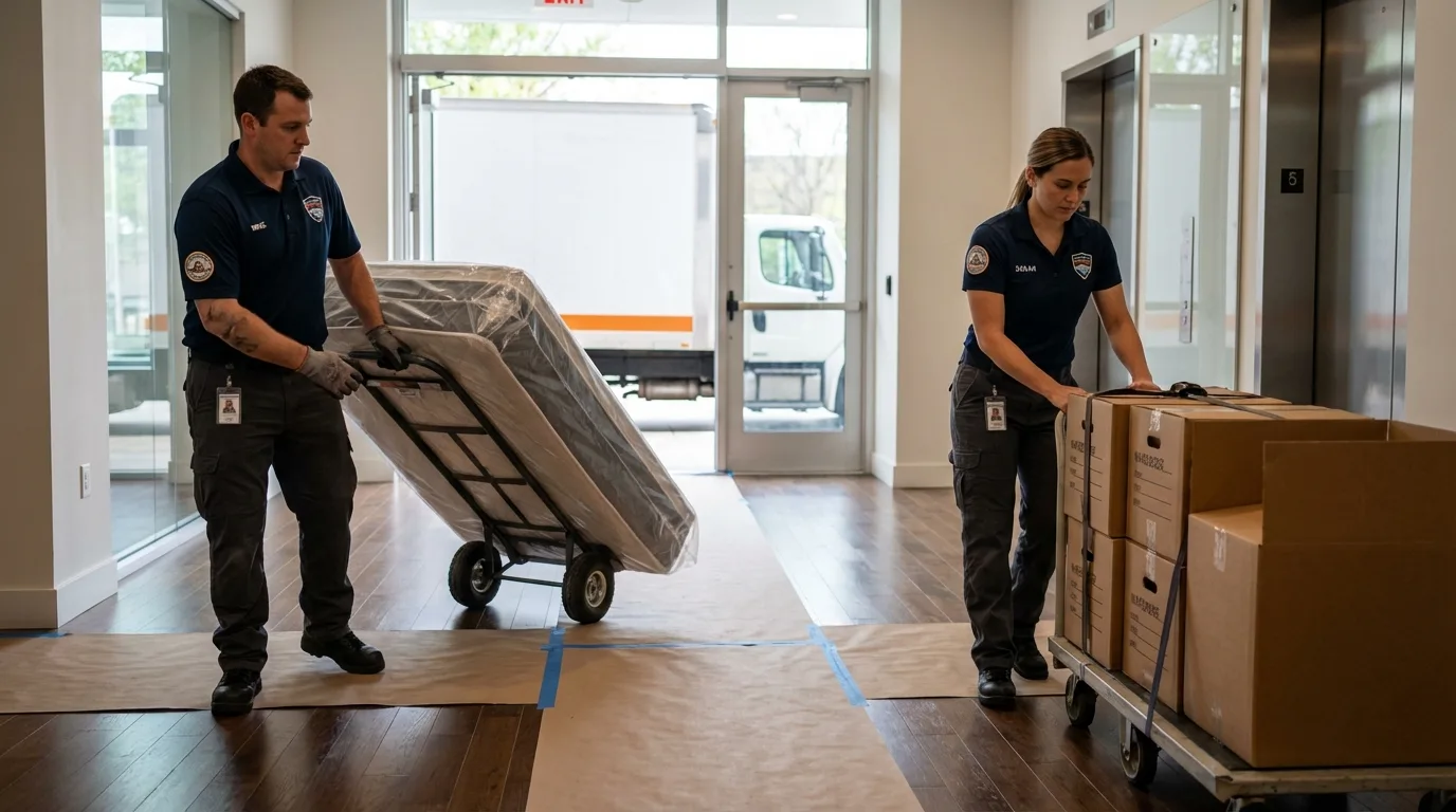 Professional apartment movers loading elevator in Kalona, IA