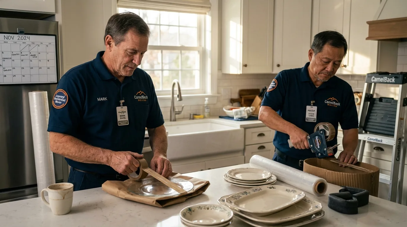 Professional crew packing kitchen dishware in Kalona, IA